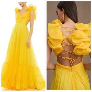 Mac Duggal Sleeveless Flowy A Line Gown Women's 2 Yellow Sparkle 2